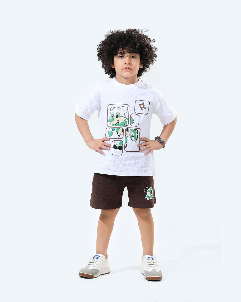 Boys Cartoon Animal Patch T-Shirt and Shorts Set | Brown - Remint Kids Fashion