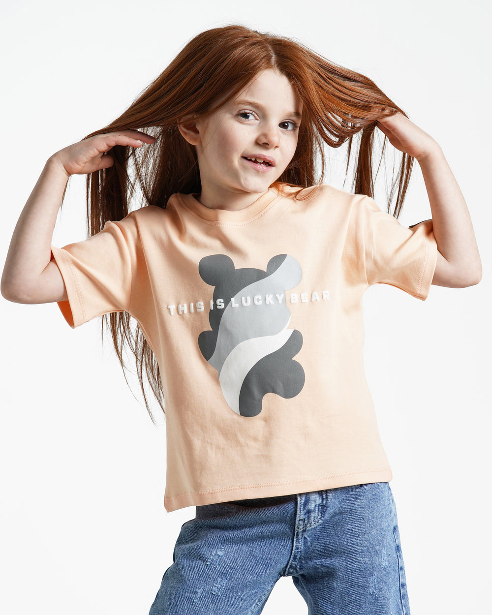 Girls Lucky Bear Cotton T-Shirt | Apricot - Remint Kids Fashion