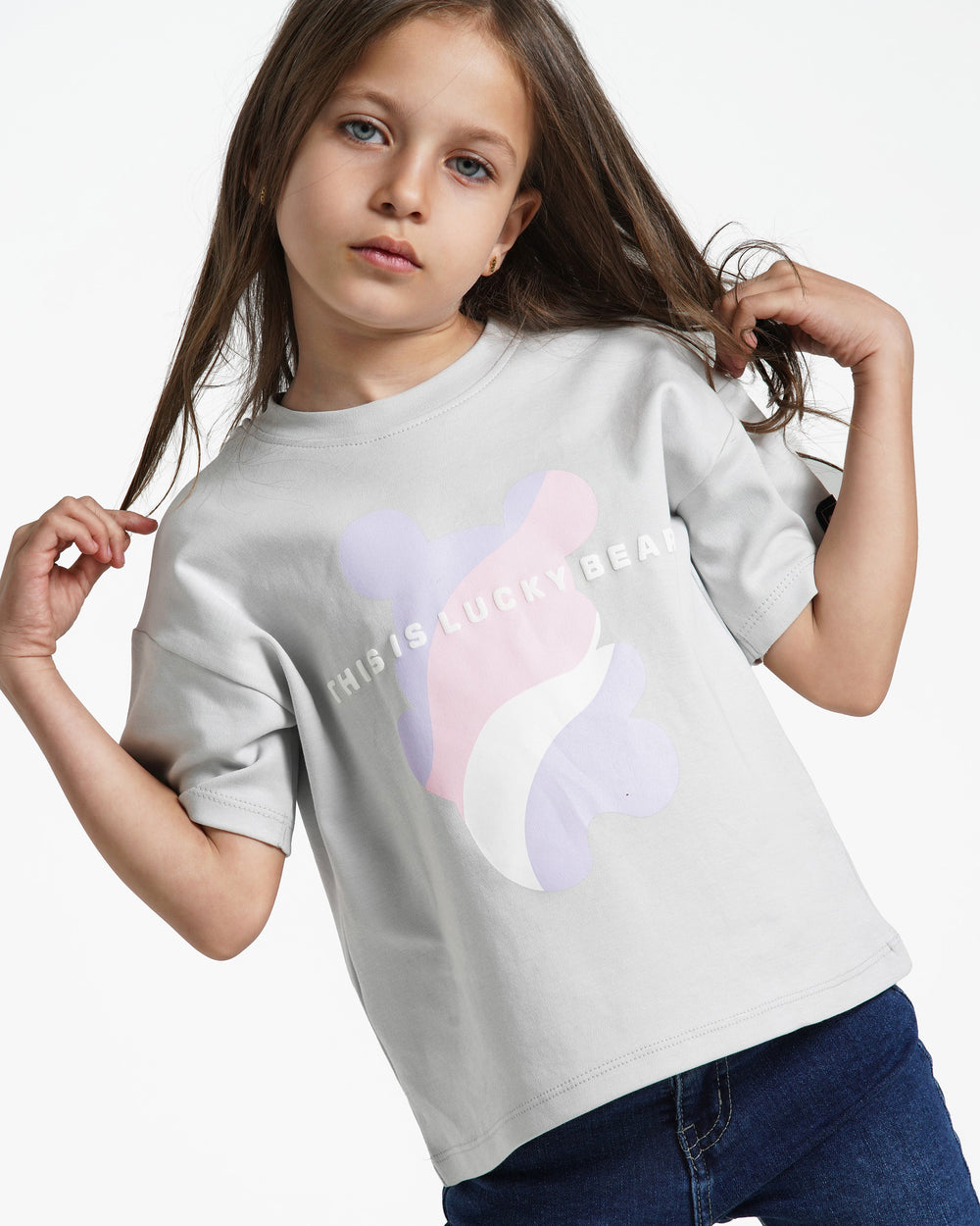Girls Lucky Bear Cotton T-Shirt | Grey - Remint Kids Fashion