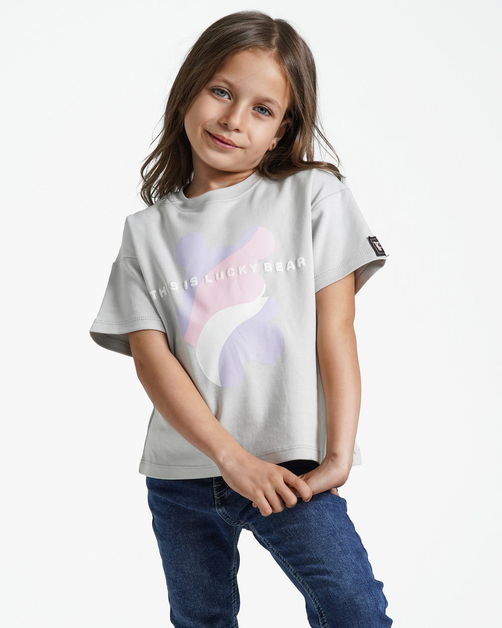 Girls Lucky Bear Cotton T-Shirt | Grey - Remint Kids Fashion