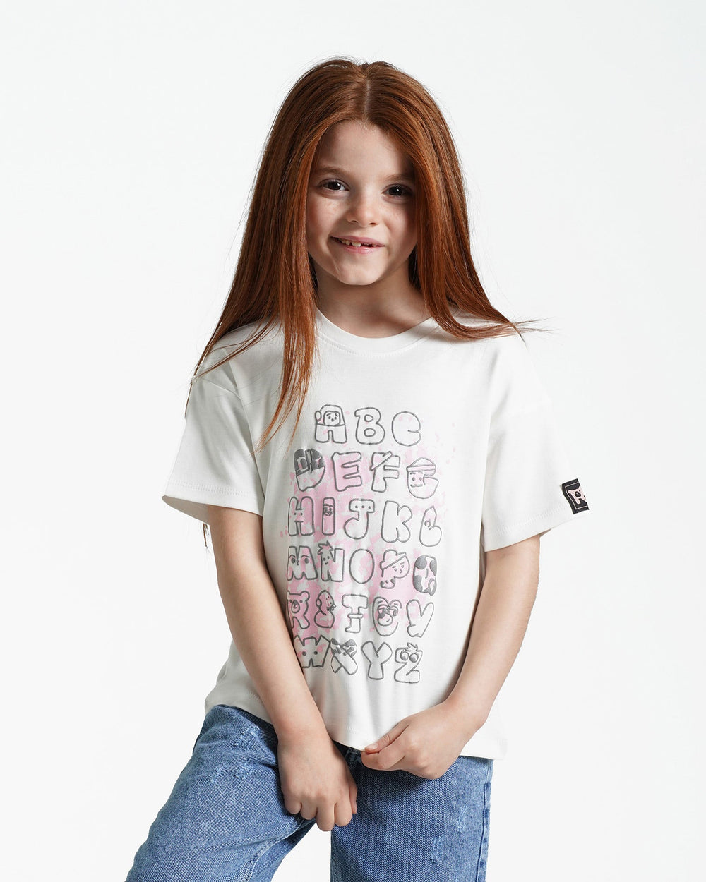 Girls Playful Alphabet Cotton T-Shirt | Off-White - Remint Kids Fashion