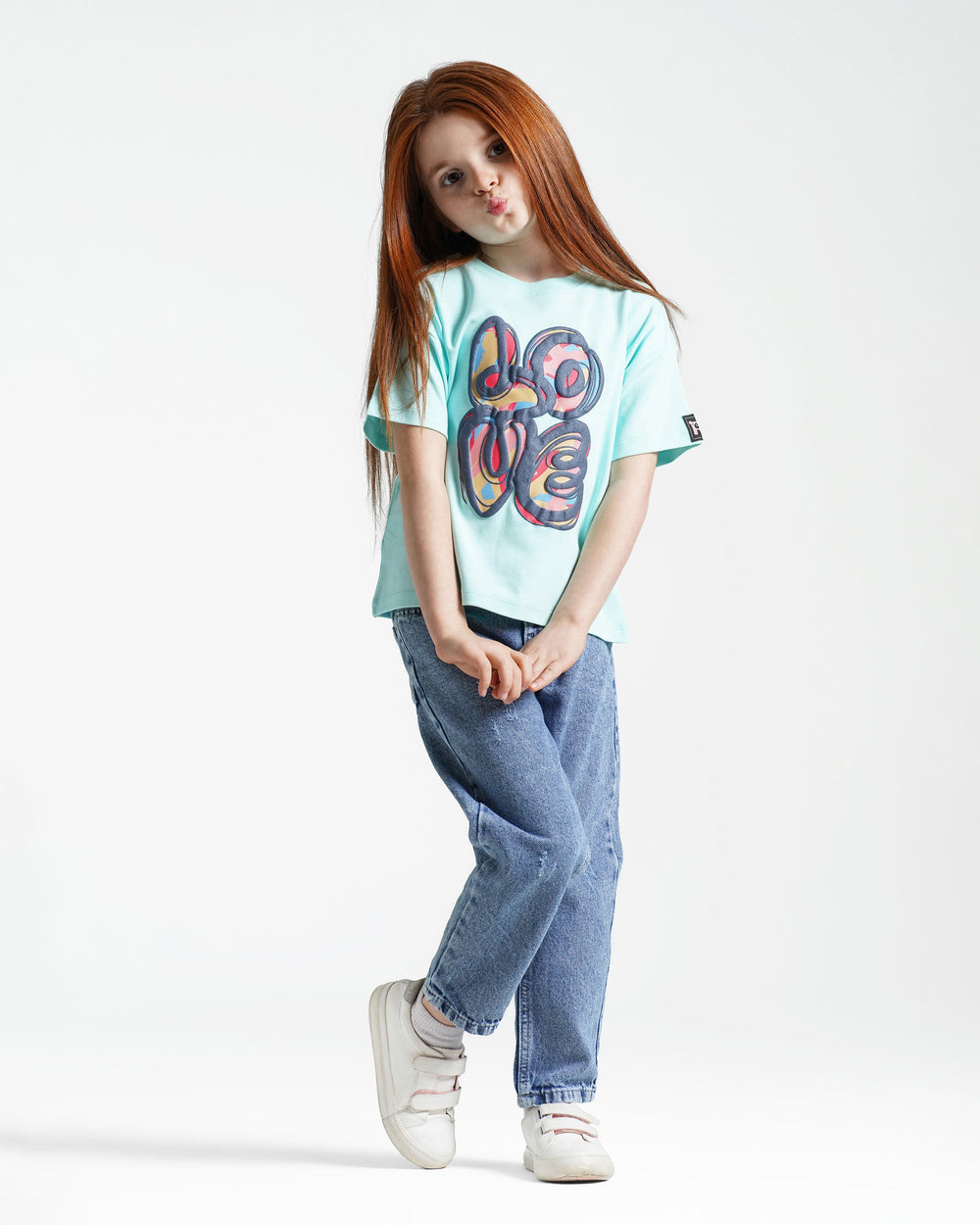 Girls Love Print Cotton T-Shirt | Aqua - Remint Kids Fashion