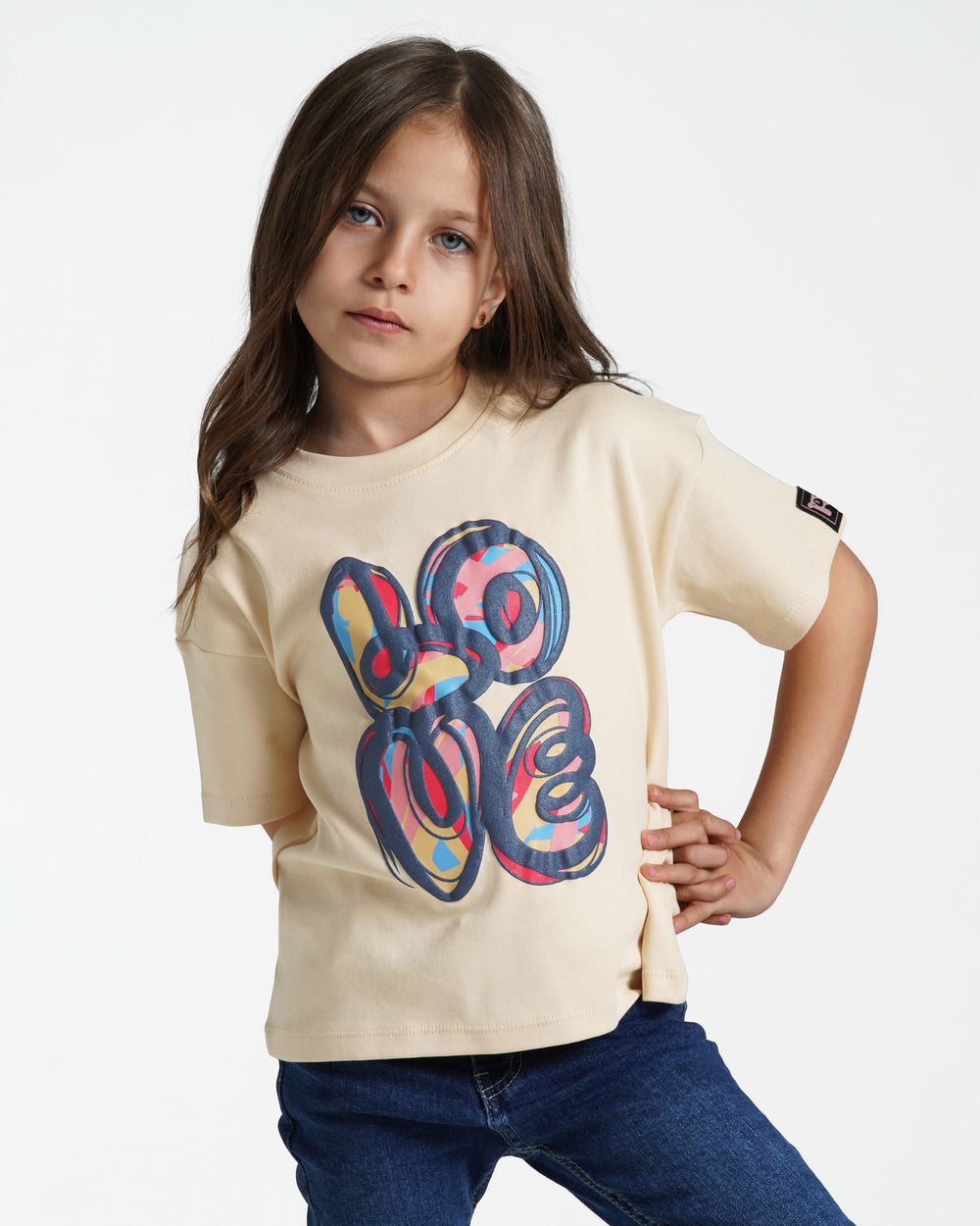 Girls Love Print Cotton T-Shirt | Beige - Remint Kids Fashion