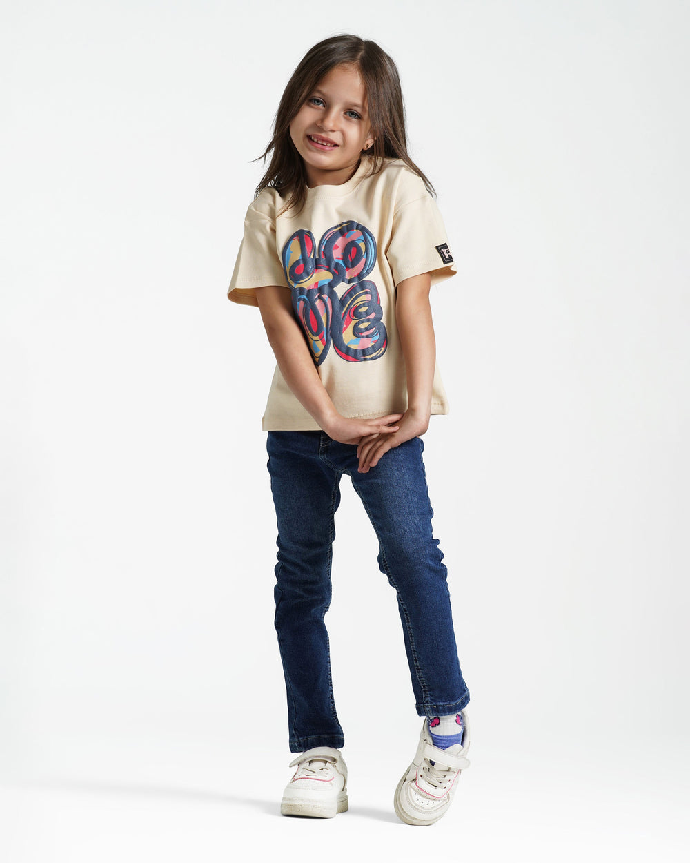 Girls Love Print Cotton T-Shirt | Beige - Remint Kids Fashion