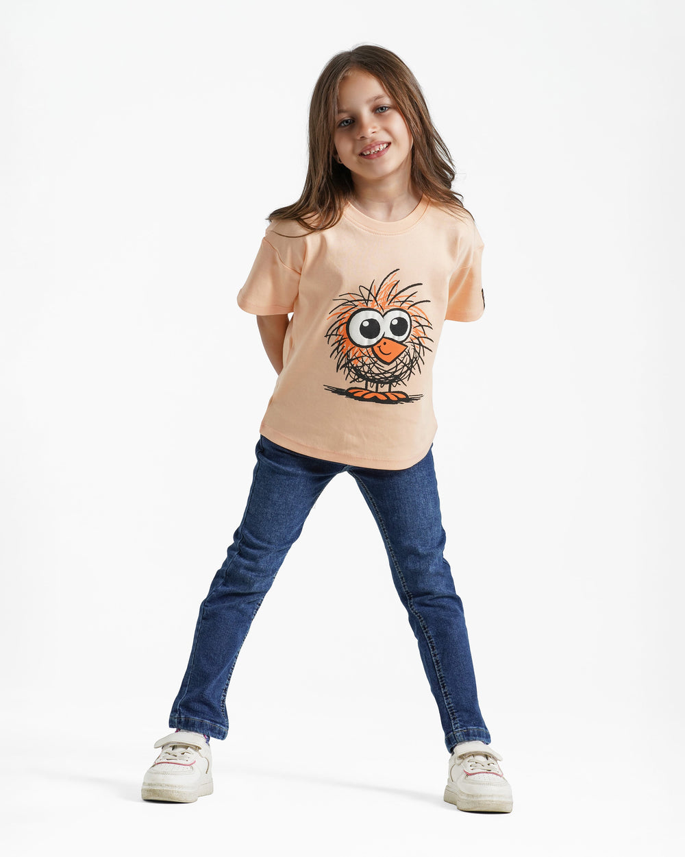 Girls Fuzzy Bird Cotton T-Shirt | Apricot - Remint Kids Fashion