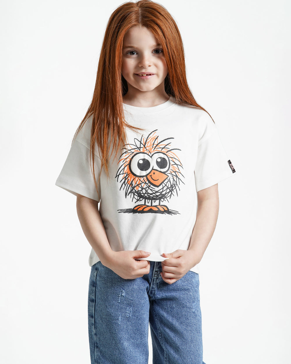 Girls Fuzzy Bird Cotton T-Shirt | Off-White - Remint Kids Fashion