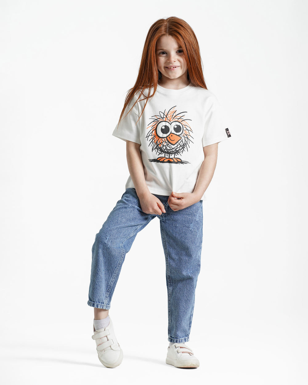 Girls Fuzzy Bird Cotton T-Shirt | Off-White - Remint Kids Fashion