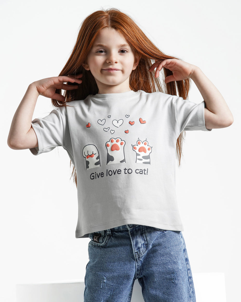 Girls Cat Love Cotton T-Shirt | Grey - Remint Kids Fashion
