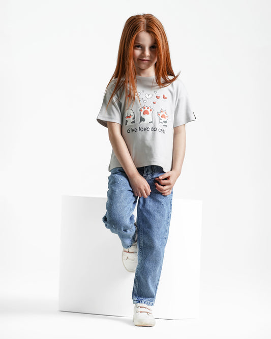 Girls Cat Love Cotton T-Shirt | Grey - Remint Kids Fashion