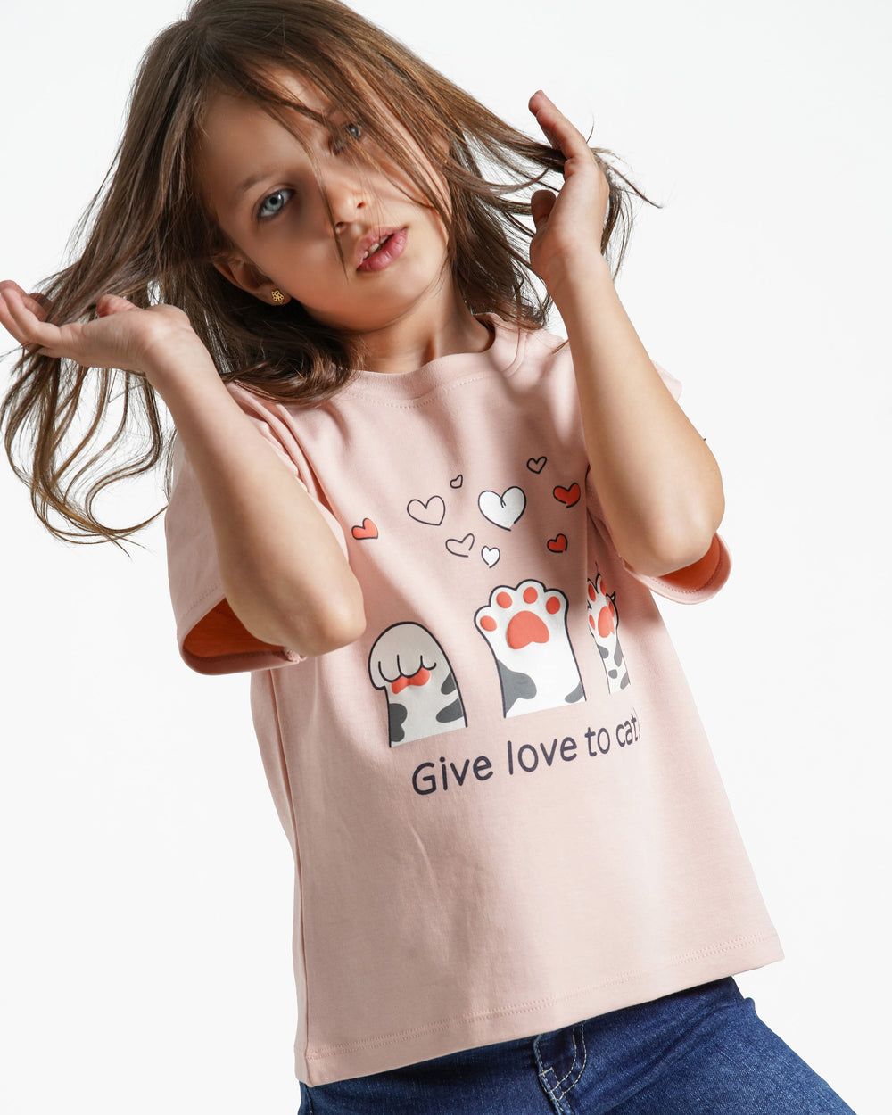 Girls Cat Love Cotton T-Shirt | Cashmere - Remint Kids Fashion