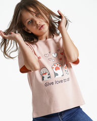 Girls Cat Love Cotton T-Shirt | Cashmere - Remint Kids Fashion