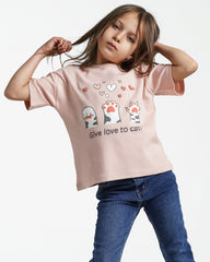 Girls Cat Love Cotton T-Shirt | Cashmere - Remint Kids Fashion