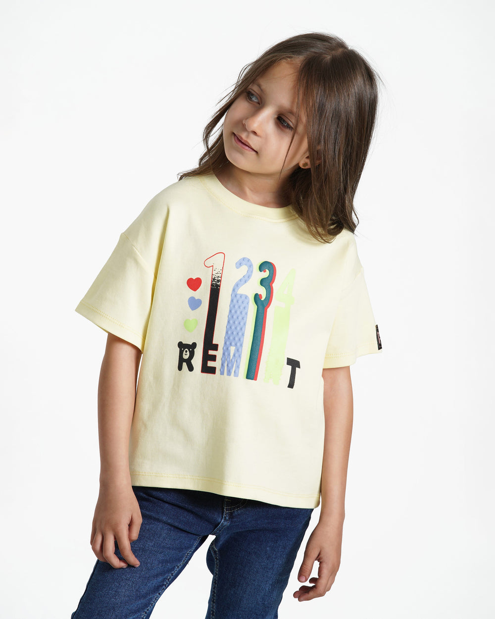 Girls Colorful Numbers Cotton T-Shirt | Light Yellow - Remint Kids Fashion