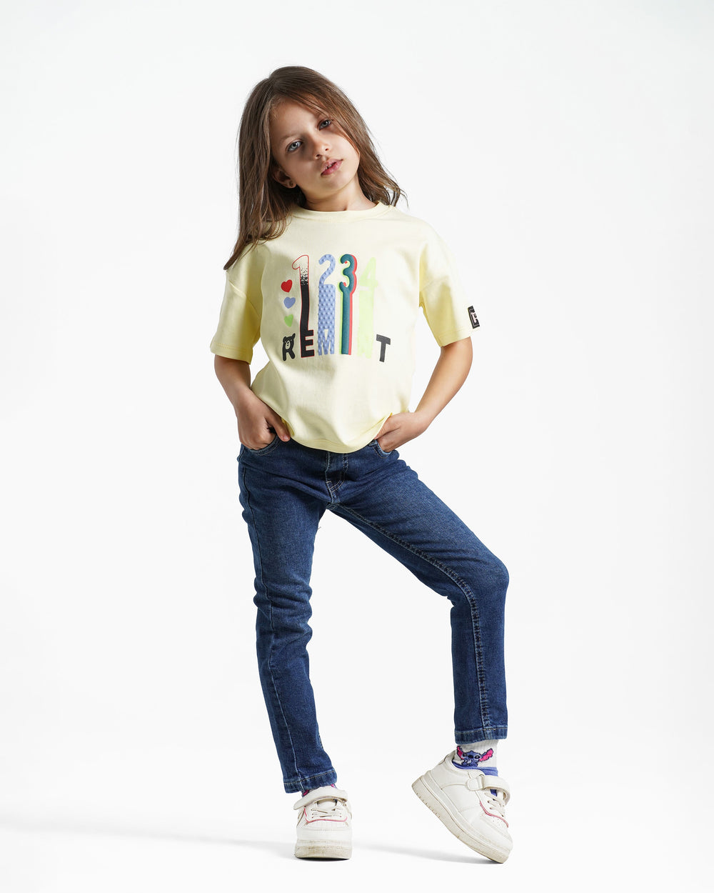 Girls Colorful Numbers Cotton T-Shirt | Light Yellow - Remint Kids Fashion