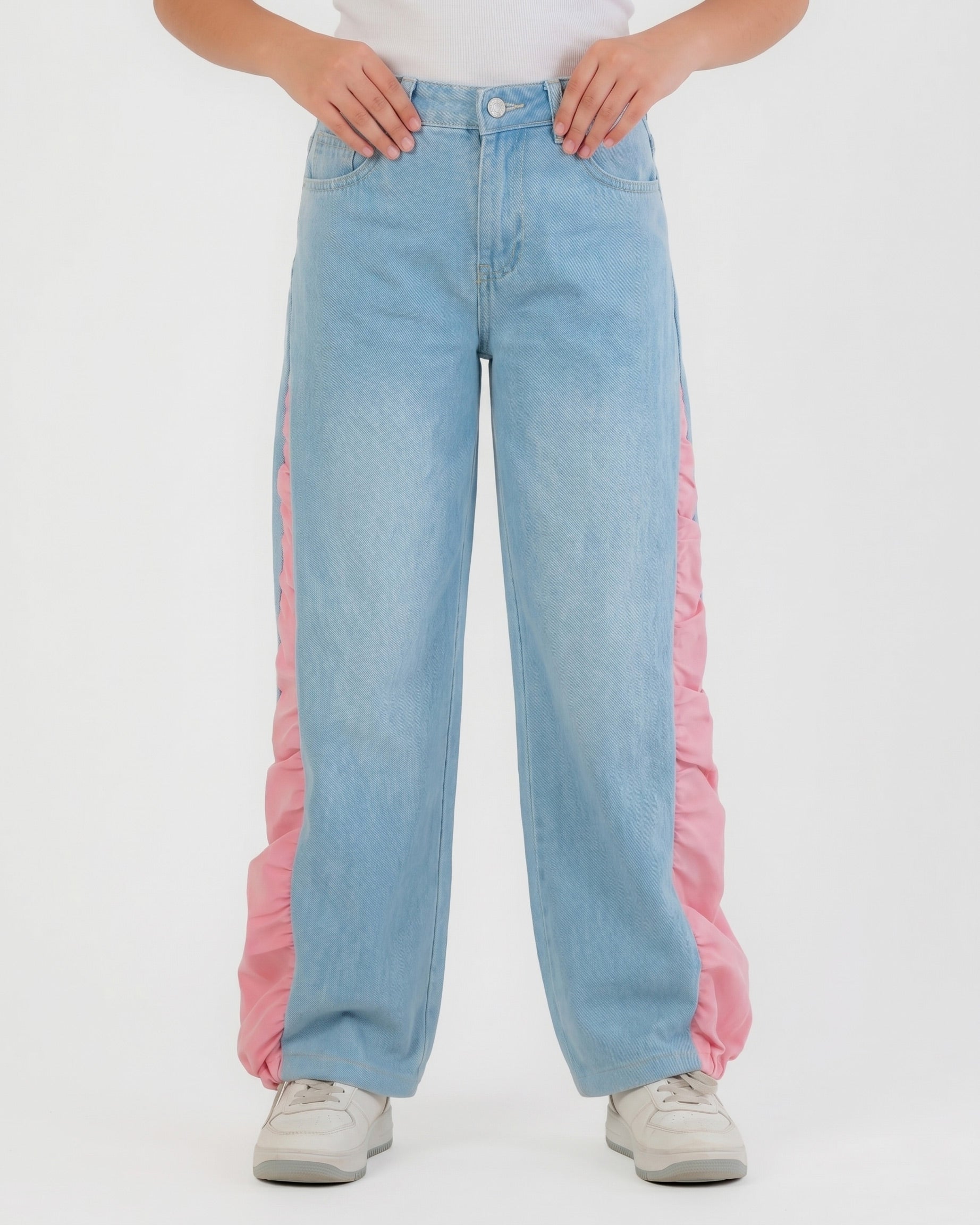 Girls Denim Wide-Leg Pants with Color Side Panel | Light Wash - Remint Kids Fashion