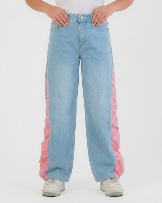 Girls Denim Wide-Leg Pants with Color Side Panel | Light Wash - Remint Kids Fashion