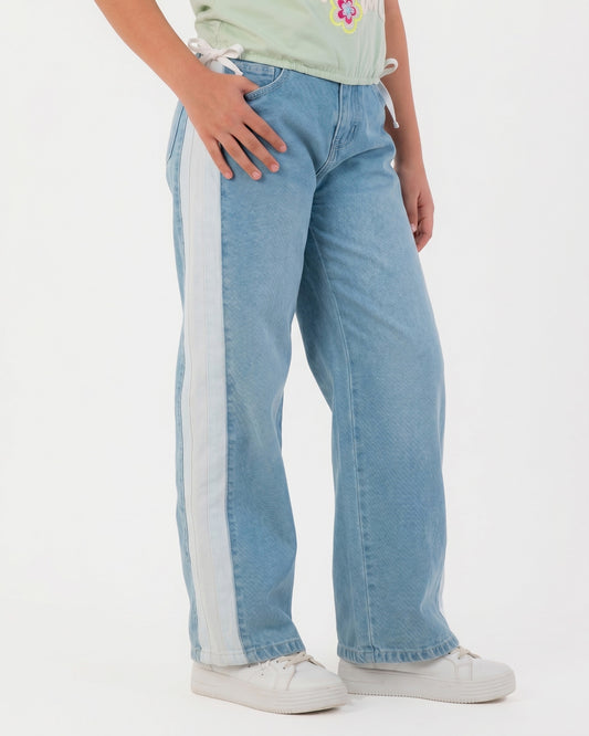 Girls Denim Wide-Leg Pants with White Side Panel | Light Wash - Remint Kids Fashion