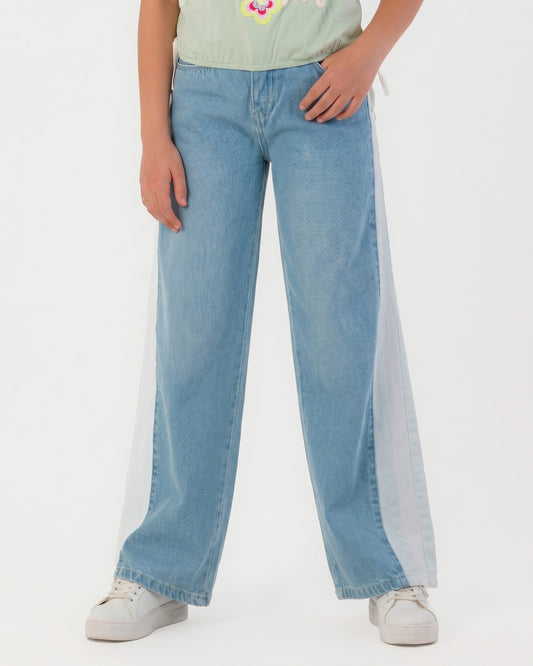 Girls Denim Wide-Leg Pants with White Side Panel | Light Wash - Remint Kids Fashion