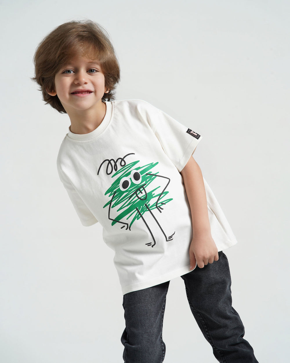 Boys Scribble Character Cotton T-Shirt | Off-White - Remint Kids Fashion