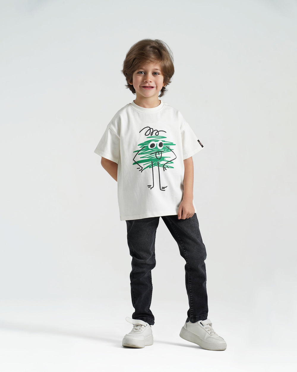 Boys Scribble Character Cotton T-Shirt | Off-White - Remint Kids Fashion