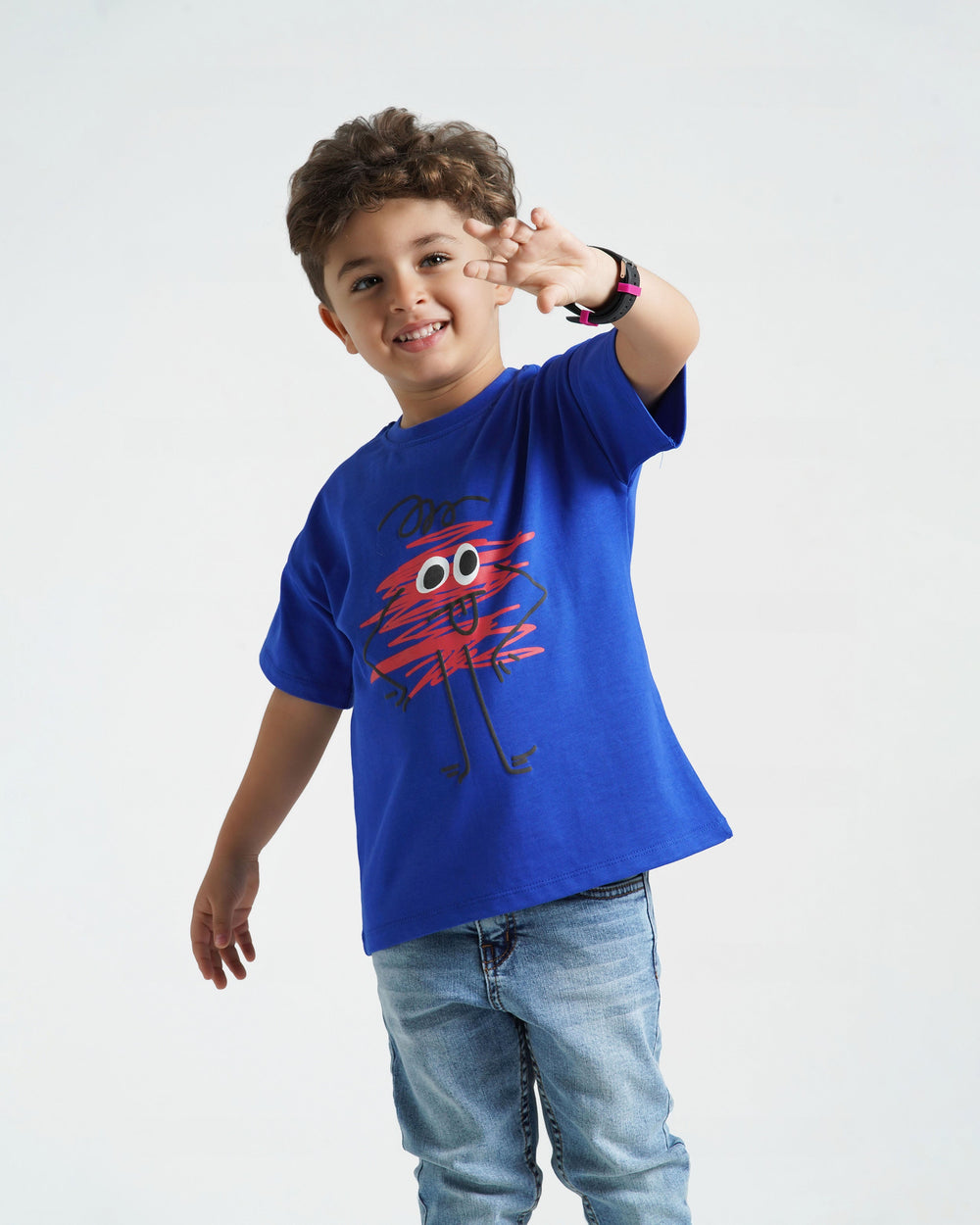 Boys Scribble Character Cotton T-Shirt | Blue - Remint Kids Fashion