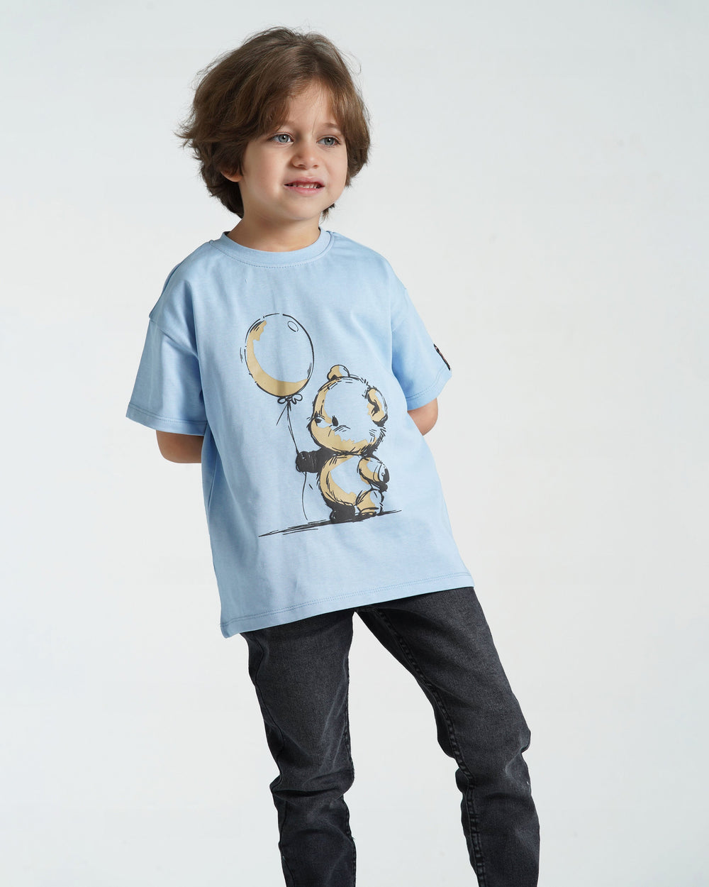 Boys Balloon Bear Cotton T-Shirt | Light Blue - Remint Kids Fashion
