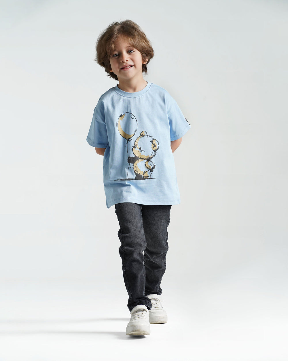 Boys Balloon Bear Cotton T-Shirt | Light Blue - Remint Kids Fashion