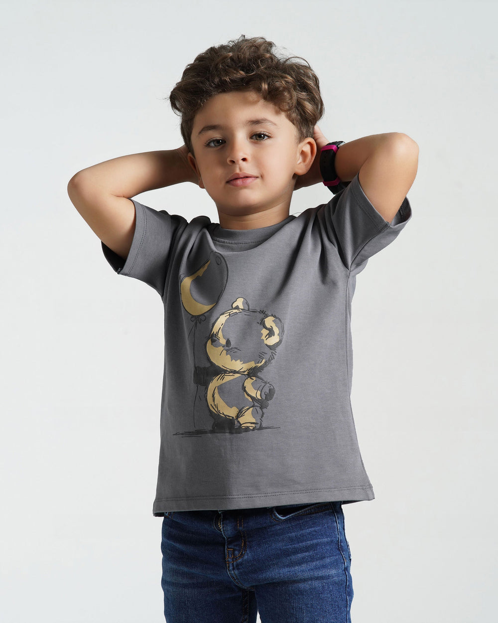 Boys Balloon Bear Cotton T-Shirt | Dark Grey - Remint Kids Fashion