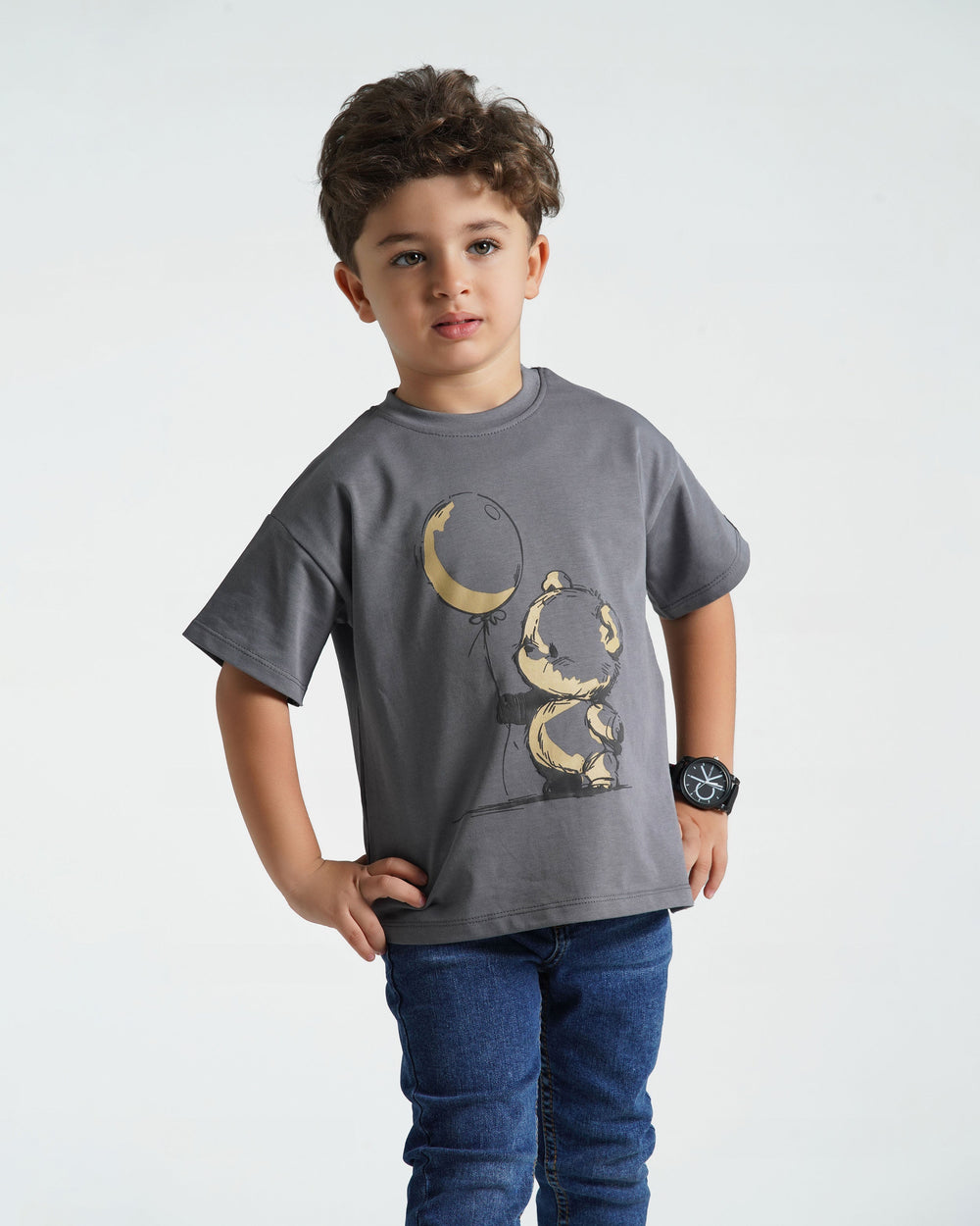 Boys Balloon Bear Cotton T-Shirt | Dark Grey - Remint Kids Fashion