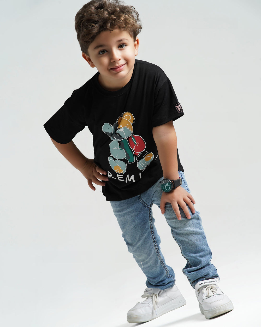 Boys Cool Teddy Cotton T-Shirt | Black - Remint Kids Fashion