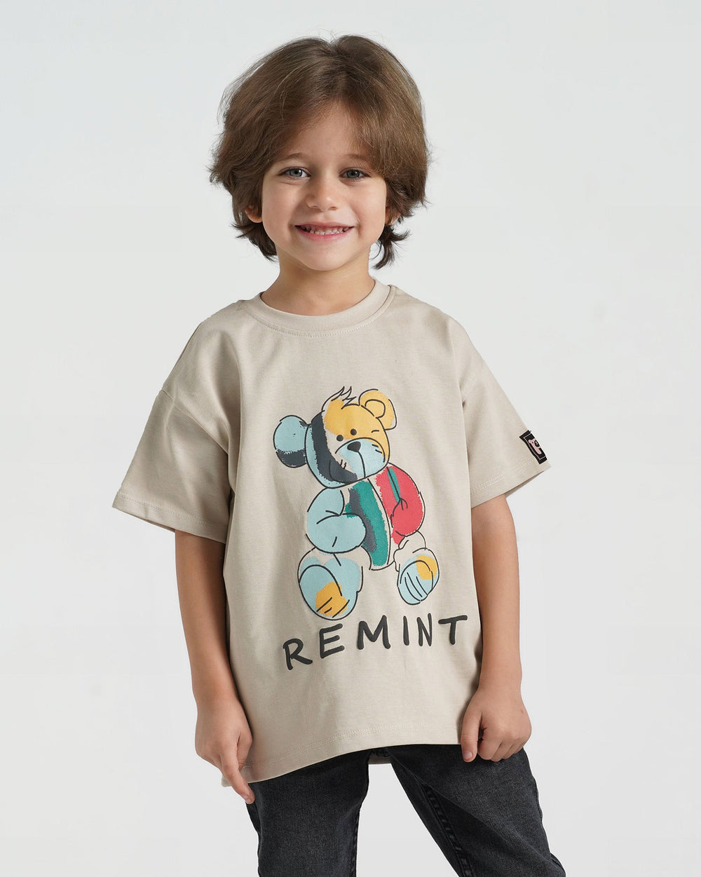 Boys Cool Teddy Cotton T-Shirt | Beige - Remint Kids Fashion