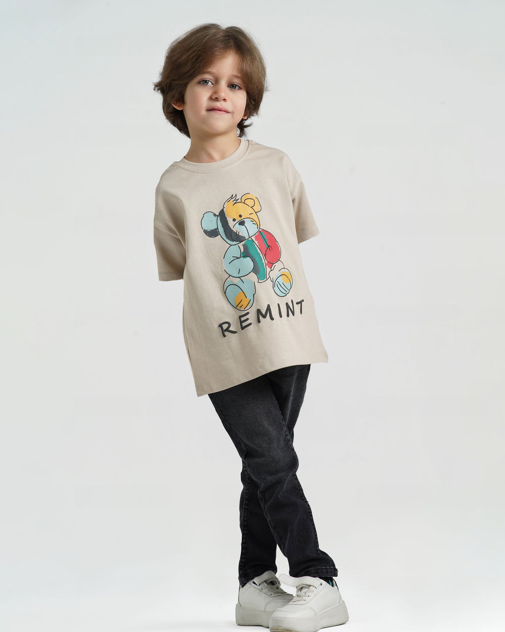 Boys Cool Teddy Cotton T-Shirt | Beige - Remint Kids Fashion