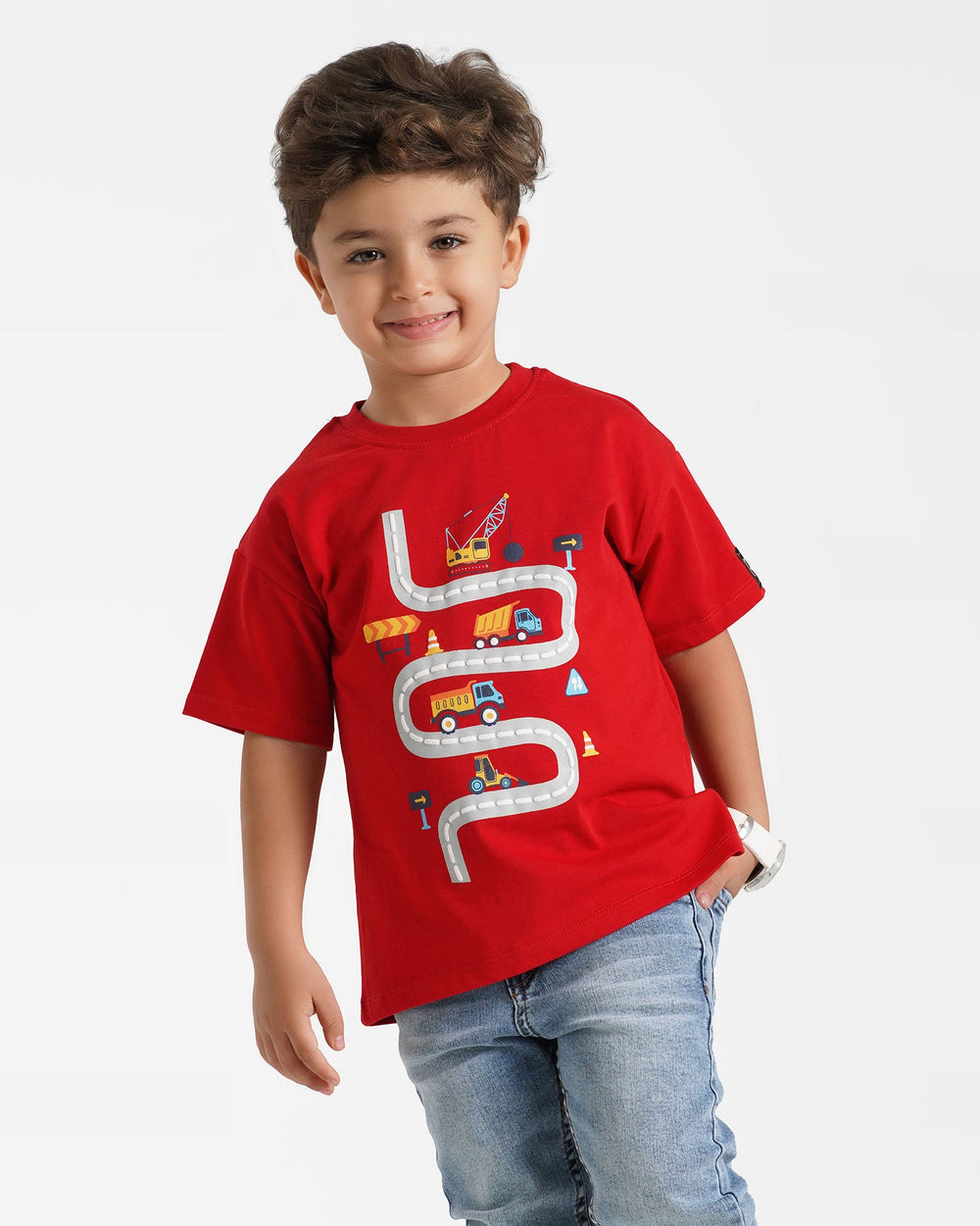Boys Construction Road Cotton T-Shirt | Red - Remint Kids Fashion