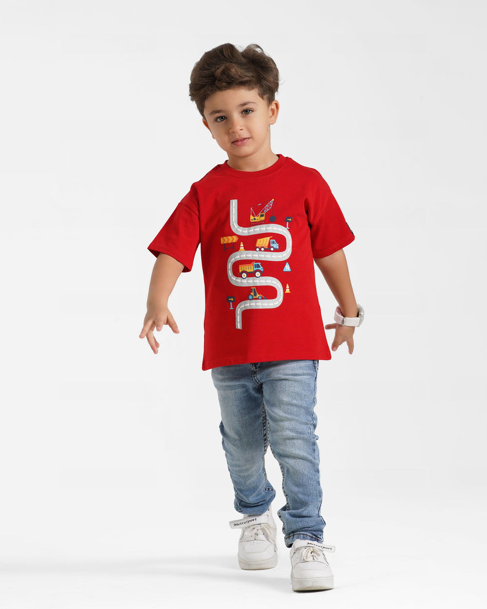 Boys Construction Road Cotton T-Shirt | Red - Remint Kids Fashion