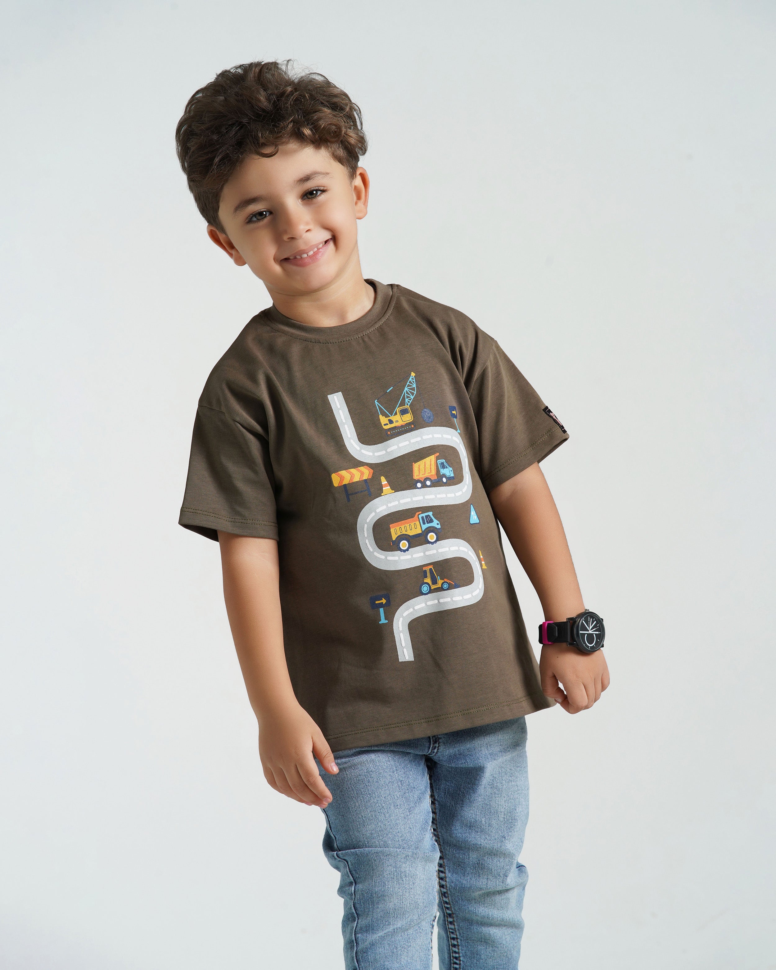 Boys Construction Road Cotton T-Shirt | Khaki - Remint Kids Fashion