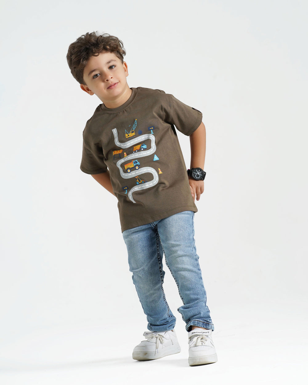 Boys Construction Road Cotton T-Shirt | Khaki - Remint Kids Fashion