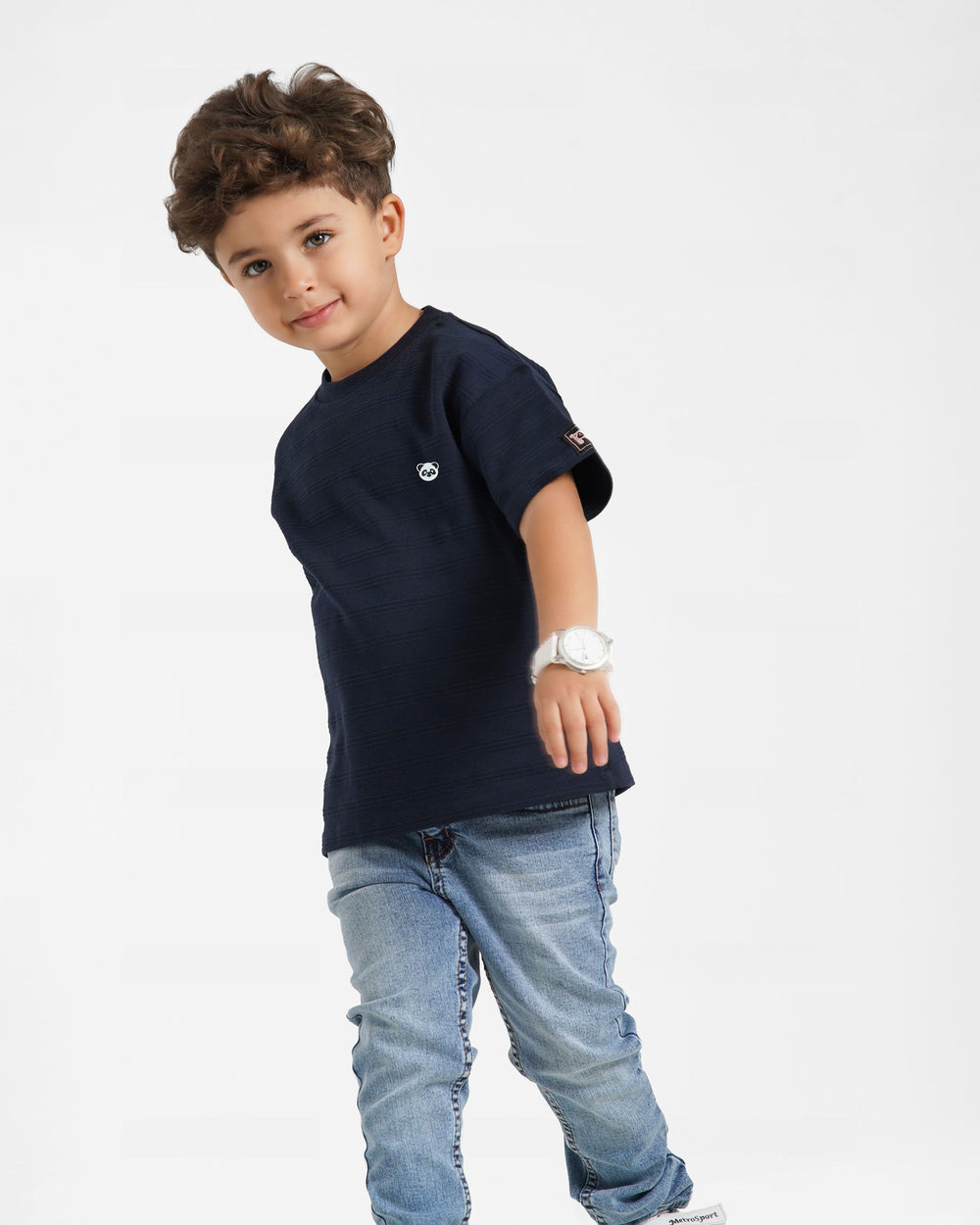 Boys Panda Textured T-Shirt | Dark BLue - Remint Kids Fashion