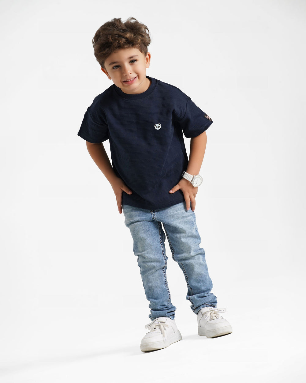 Boys Panda Textured T-Shirt | Dark BLue - Remint Kids Fashion