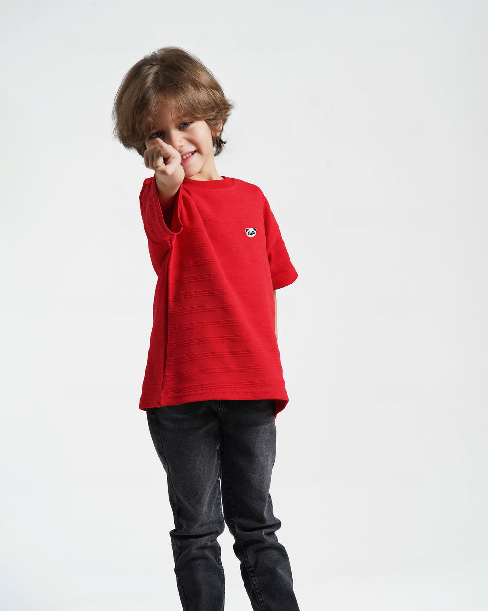 Boys Panda Textured T-Shirt | Red - Remint Kids Fashion