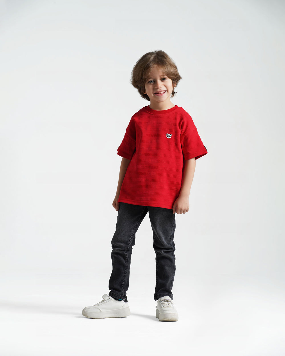 Boys Panda Textured T-Shirt | Red - Remint Kids Fashion