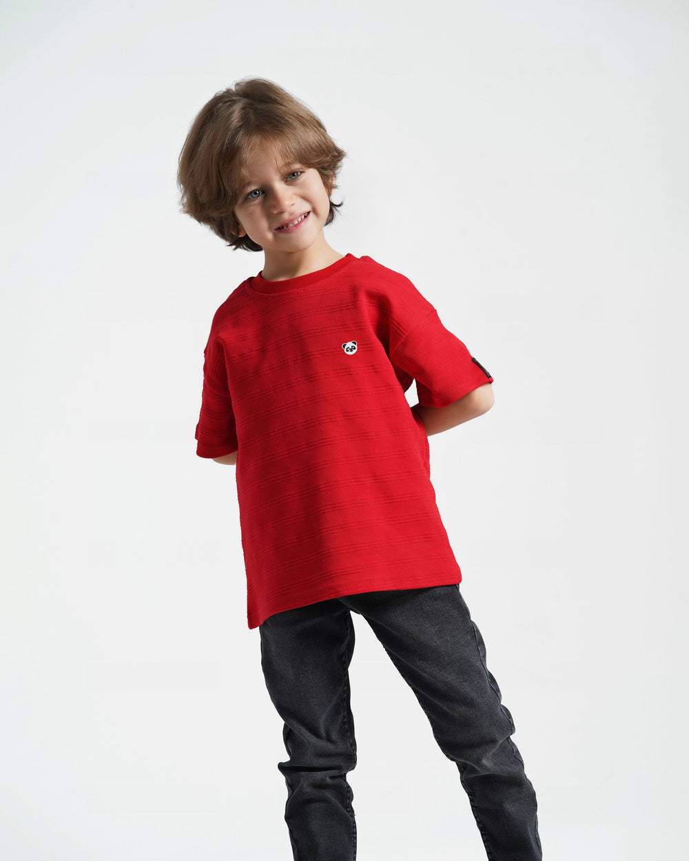 Boys Panda Textured T-Shirt | Red - Remint Kids Fashion