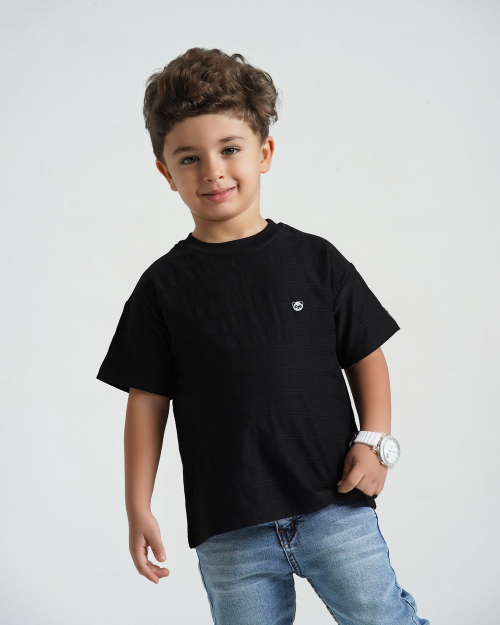 Boys Cotton Textured T-Shirt | Black - Remint Kids Fashion