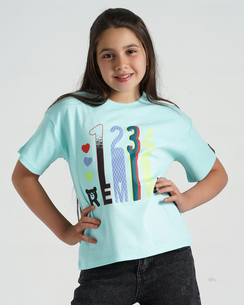 Girls Colorful Numbers Cotton T-Shirt | Aqua - Remint Kids Fashion