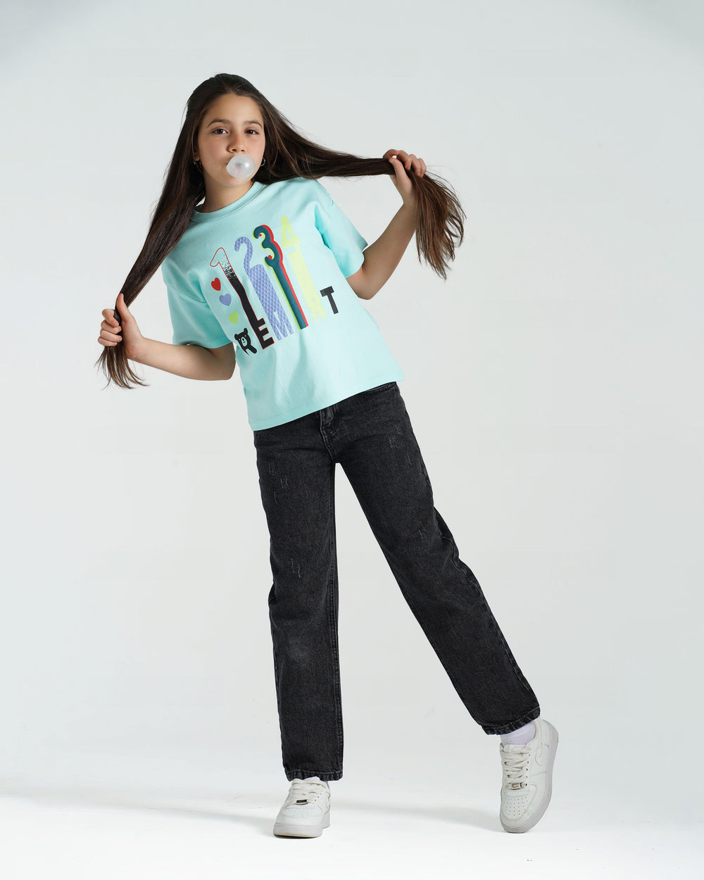 Girls Colorful Numbers Cotton T-Shirt | Aqua - Remint Kids Fashion