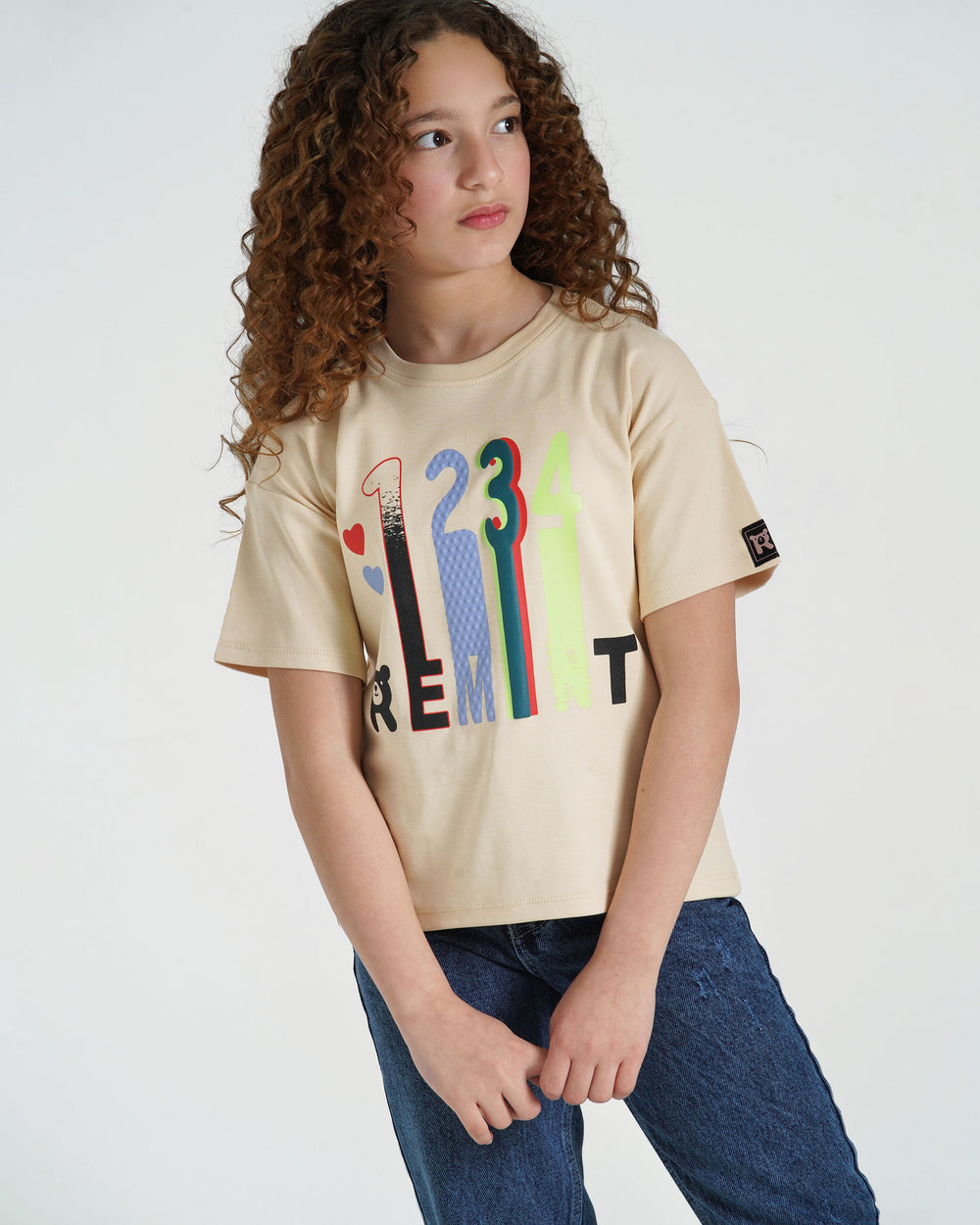 Girls Colorful Numbers Cotton T-Shirt | Beige - Remint Kids Fashion