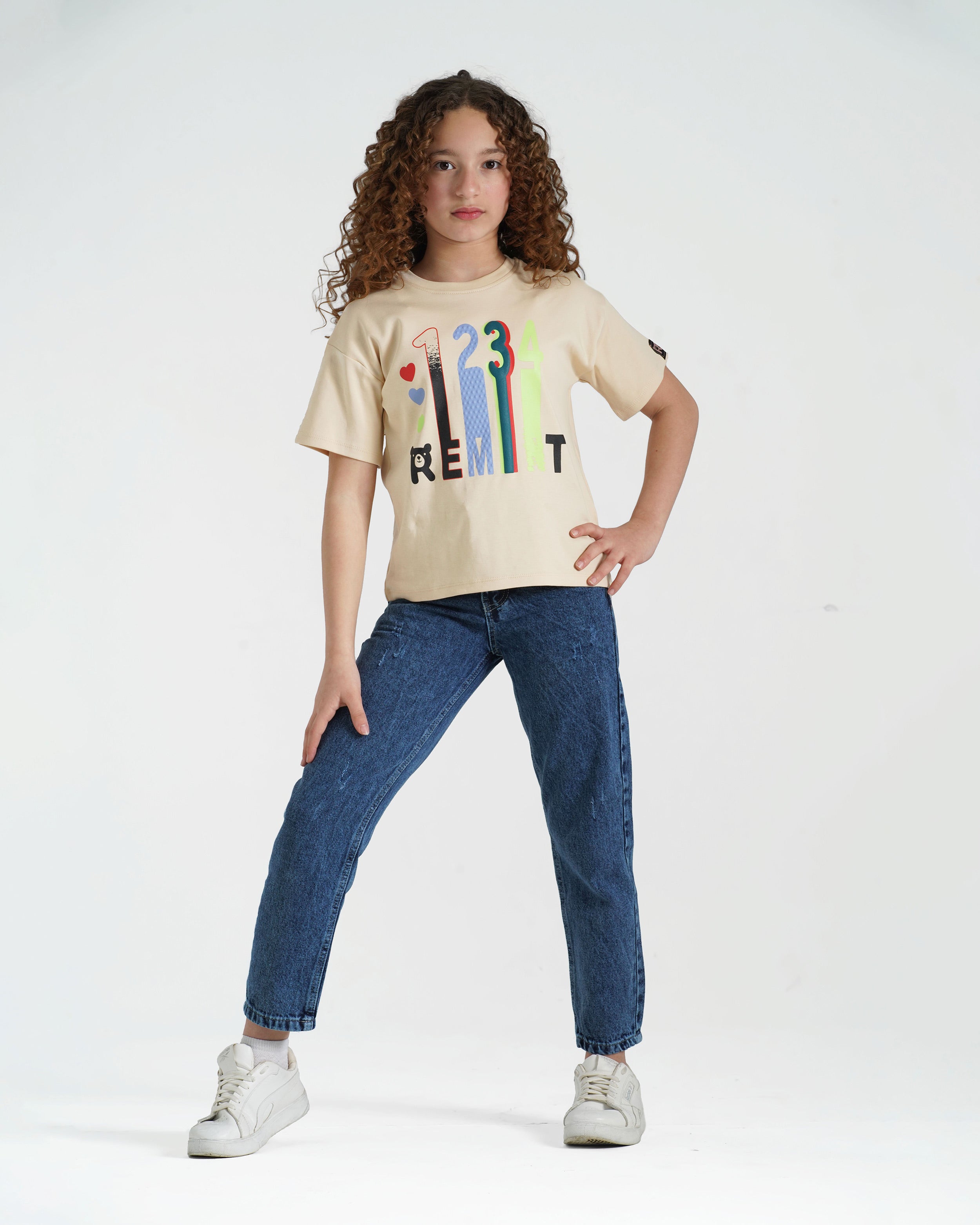 Girls Colorful Numbers Cotton T-Shirt | Beige - Remint Kids Fashion