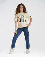 Girls Colorful Numbers Cotton T-Shirt | Beige - Remint Kids Fashion
