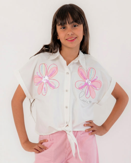 Girls Floral Embroidered Tie-Front Shirt | Off-White - Remint Kids Fashion