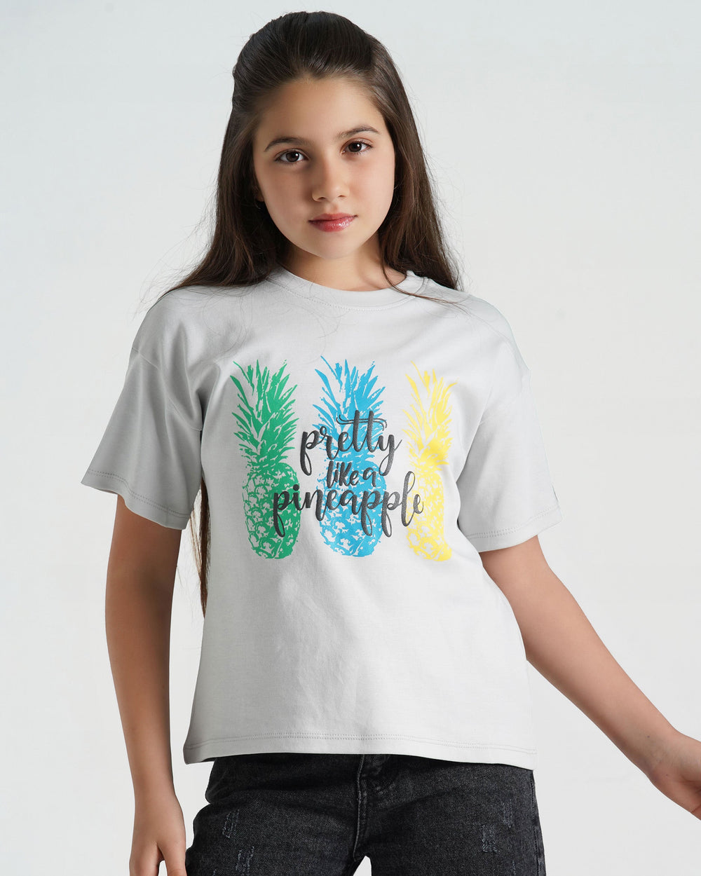 Girls Pineapple Pretty Cotton T-Shirt | Grey - Remint Kids Fashion