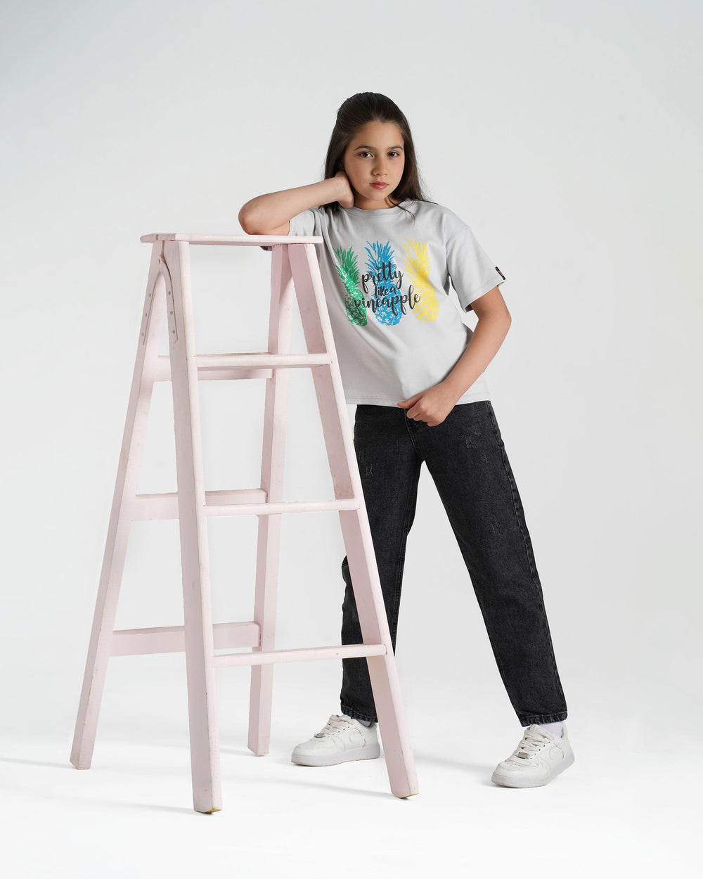 Girls Pineapple Pretty Cotton T-Shirt | Grey - Remint Kids Fashion